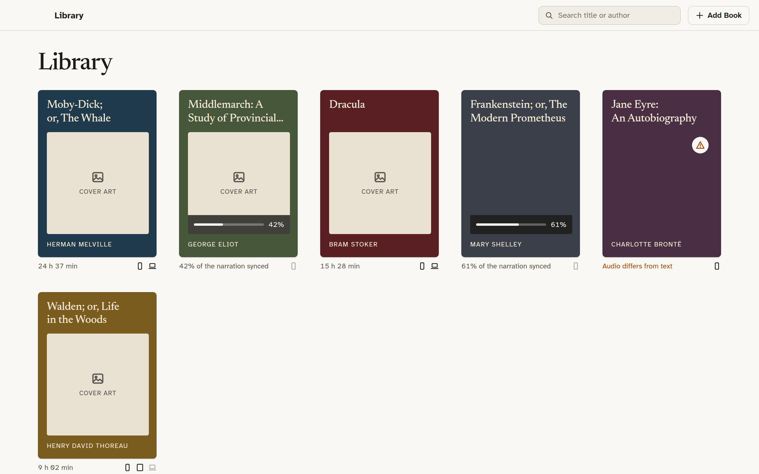 The library on Mac: a grid of book tiles in deep muted colours, one still syncing, one marked Audio differs from text