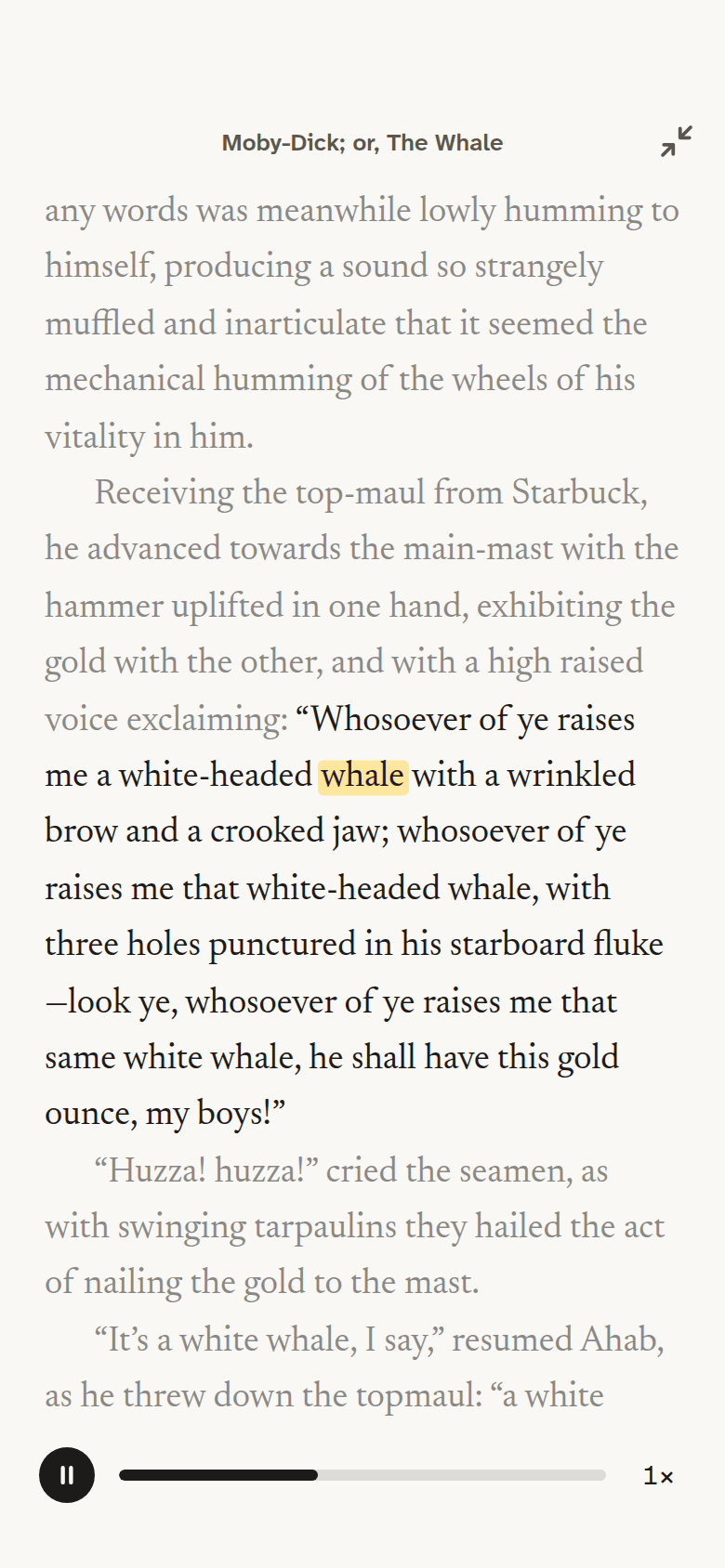 The reader on iPhone with the controls hidden: only the page, with the spoken word highlighted