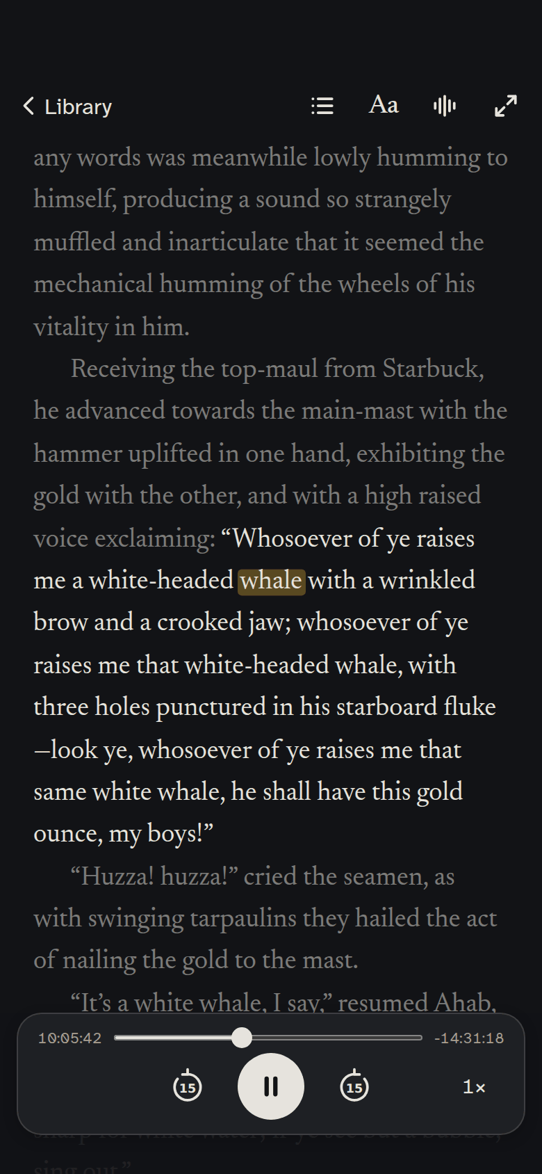 The reader on iPhone in the Night theme, the same page with the spoken word highlighted