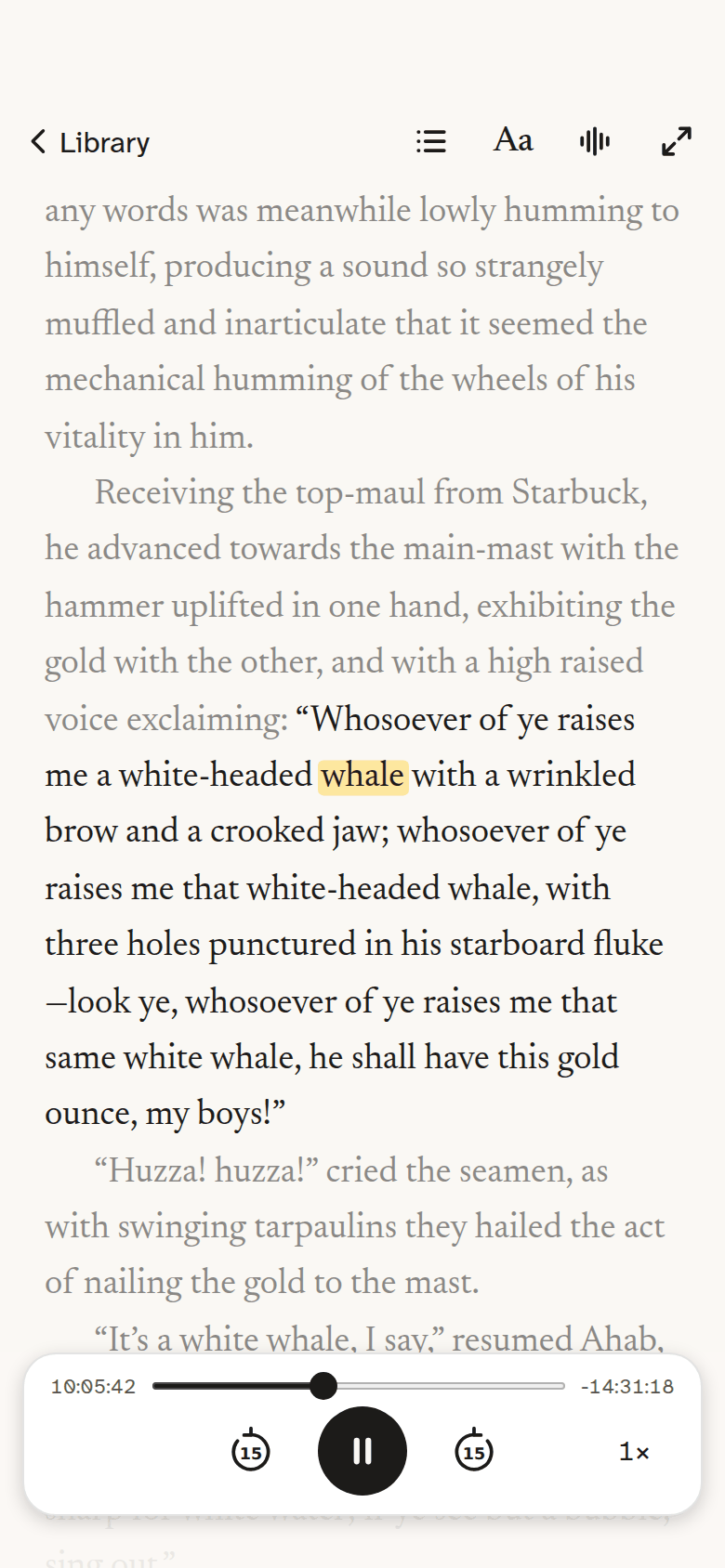 The reader on iPhone: a page of Moby-Dick with the word being spoken highlighted, and the player floating low on the page