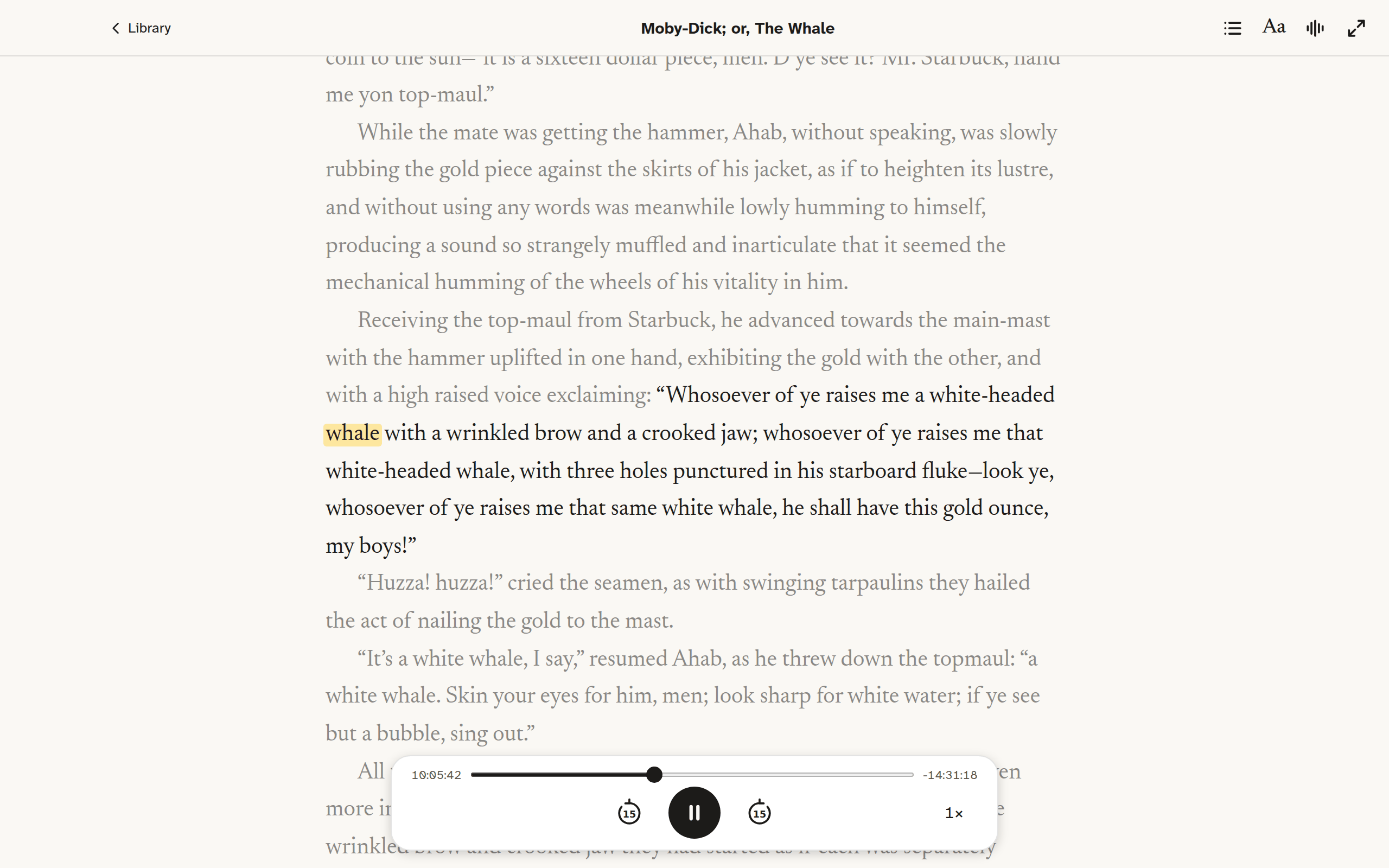 The reader on Mac: a column of text with the spoken word highlighted and the player card floating below it